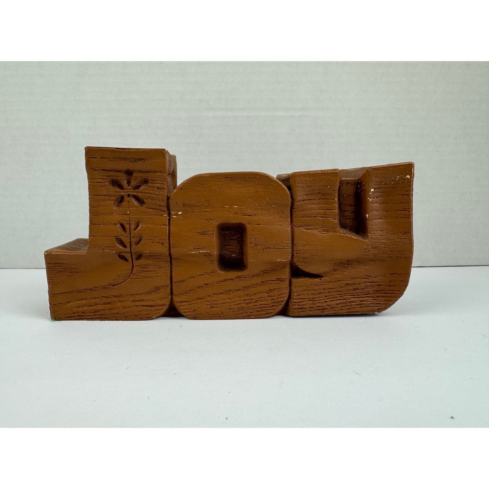 Vintage Brown JOY Block Sign Faux Wood Grain Carved Flower Tabletop Decor